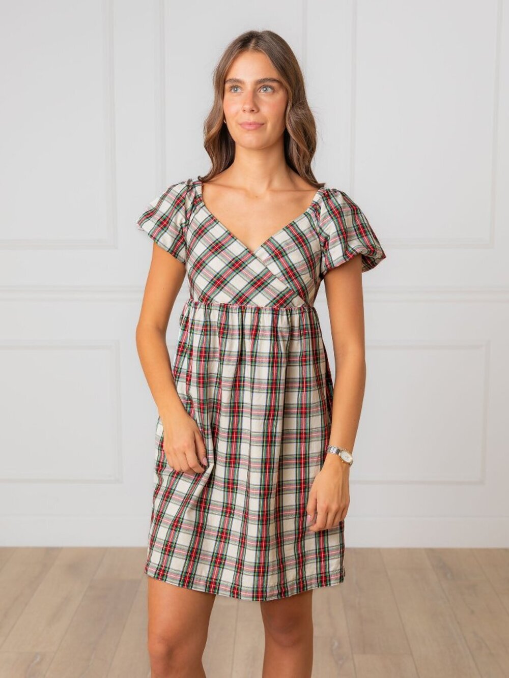 Hope & Henry Puff Sleeve Crossover Dress - Ivory Holiday Tartan